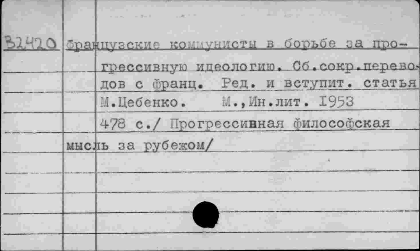 ﻿	5pai	[пузские коммунисты в борьбе за про-
		греесивную идеологию> Сб.д.окр.передо-
		дов с франц. Ред. и вступит, статья
		М.Цебенко.	М.,Ин.лит. 1953
		478 с./ Прогрессивная философская
	мыс.	1ь за рубежом/
		•
		
		
		
		